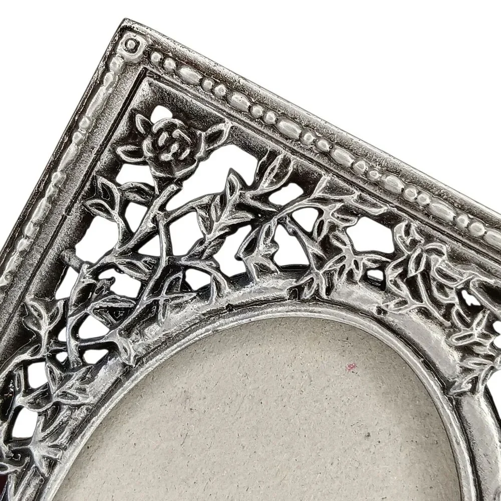 Silver Metal With Gold Dove Picture Frame Floral Vintage 1998 Roman Inc. 3.5x3